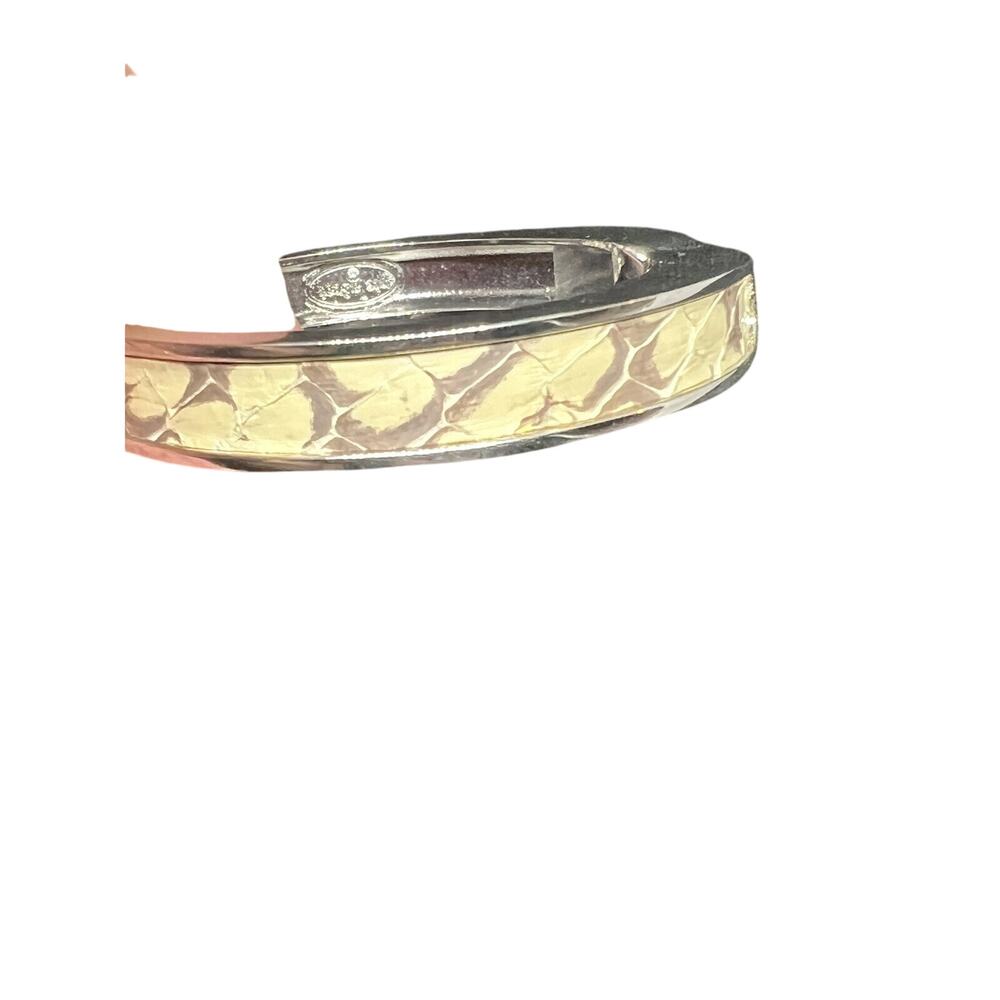 STELLA AND DOT BANGLE, CUFF, BRACELET CHROME PLATE & WHITE FAUX SNAKESKIN